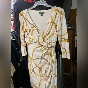Ralph Lauren white & gold chain print dress - Size Medium